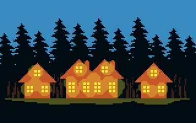 Naklejka premium Pixel art cozy houses in a dark forest at night, with glowing windows. Perfect game background or retro asset for adventure, horror, or role-playing video games, wallpaper. Atmospheric 8-bit scene.