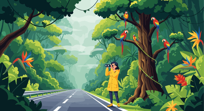 Tropical Rainforest Adventure: Birdwatcher Observes Vibrant Parrots in Lush Jungle