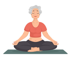 An elderly woman is doing yoga, sitting in the lotus position.