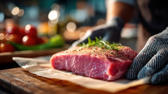 Butcher preparing fresh meat butcher shop closeup photography culinary environment professional perspective