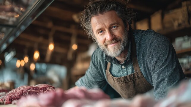 Friendly midage butcher displaying fresh cuts at local market portrait warm environment eyelevel view for community engagement