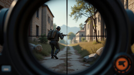 Sniper aiming through scope with crosshairs on enemy target in urban warfare