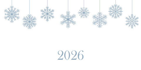 2026 Happy New Year minimalist snowflake icon banner design white and blue simple