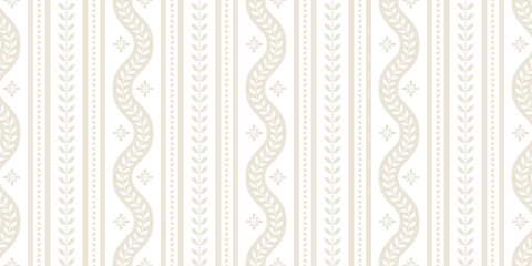 Elegant modern white and cream beige vertical wavy stripes and climbing vines traditional vector seamless pattern background design © Kati Moth
