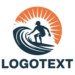 Surfer riding a wave with sun isolated on white background, perfect for summer logo