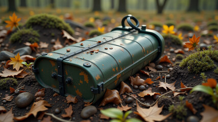 Military land mine hidden among forest leaves during secretive operation