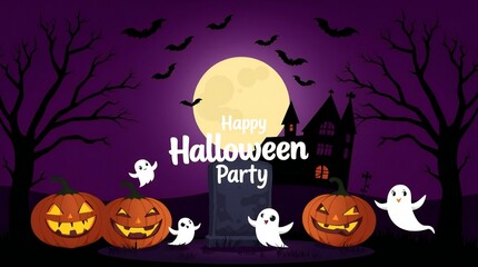 Spooky halloween night with pumpkins ghosts and haunted house under the moon