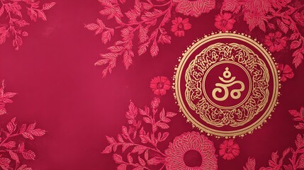 Elegant red and gold invitation card design with floral details and om symbol for hindu celebrations