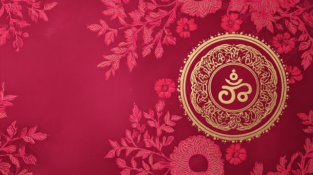 Elegant red and gold invitation card design with floral details and om symbol for hindu celebrations