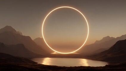 A luminous ethereal ring of light hovers above a tranquil lake reflecting the warm glow of a distant sunset amidst majestic mountain silhouettes