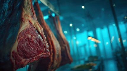 Butchery dry aging process butcher shop interior view industrial environment close-up culinary art