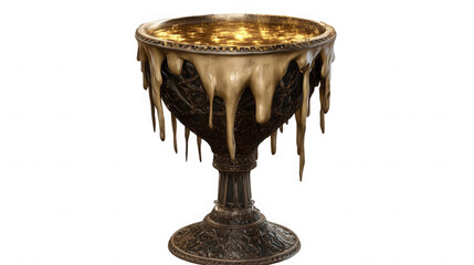 A golden chalice filled with liquid and dripping down the sides  in studio shot on transparent background