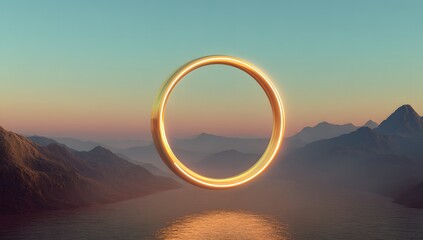 Ethereal glowing portal suspended over a tranquil reflective body of water with majestic mountain silhouettes at dusk