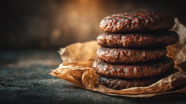 Gourmet burger patties stacked on standard sheet culinary delight dark rustic kitchen close-up shot cooking concept