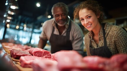 Collaborative butchers male and female preparing fresh meats local market photography indoor close-up culinary craftsmanship