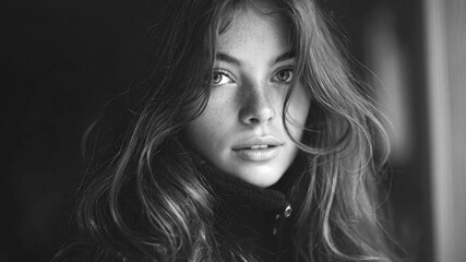 A captivating close-up portrait of a young adult woman presented in striking black and white. Her natural beauty is highlighted by delicate freckles across her face and expressive eyes that convey a t