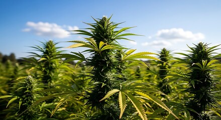 Lush Cannabis Field Under a Bright Blue Sky.