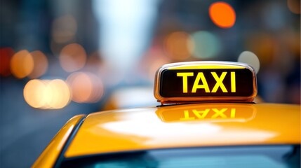 A close-up captures a yellow taxi with a glowing rooftop light amidst the vibrant energy of New York City. The background is softly blurred, hinting at the lively streets and evening hustle