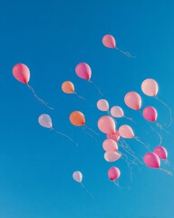 Colorful balloons floating in a clear blue sky, symbolizing freedom, joy, and celebration.