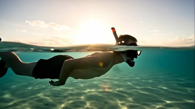 Person snorkeling in the ocean at sunset. Split-level view showing above and below the water surface. Summer vacation and adventure concept
