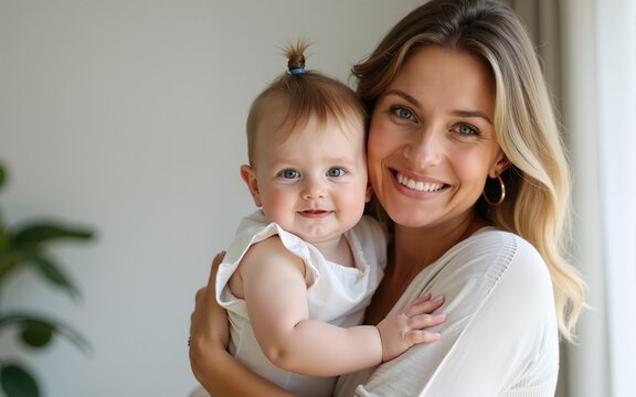 Happy Caucasian white mother holding 18-month baby. High quality