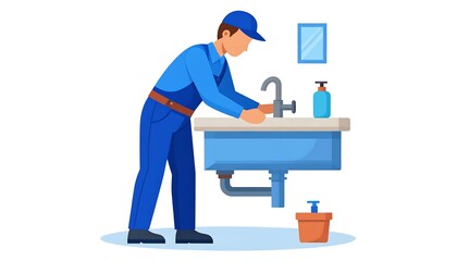 A handyman in blue overalls fixing a bathroom sink