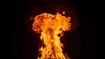 A powerful fire explosion erupts in slow motion. A burning fireball with bright orange flames and smoke against a black background. VFX special effect - Powered by Adobe