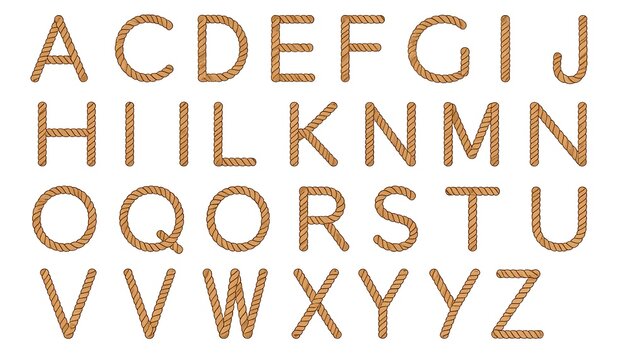 Twenty-six capital letters crafted from brown rope arranged on a white background