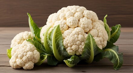Fresh Cauliflower Head on Wooden Surface - A Healthy Vegetable Choice.