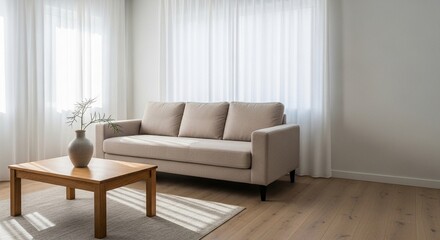 Minimalist Living Room with Sunlight Through Sheer Curtains and Neutral D&eacute;cor