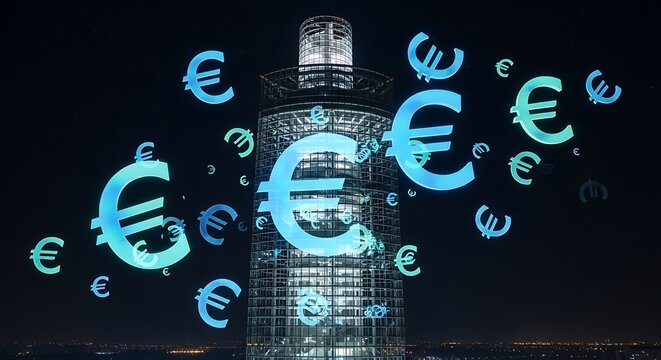 Euro Currency Symbols Projected on a Skyscraper at Night.