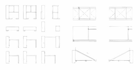 Collection of architectural sketches and furniture designs showing various perspectives and details
