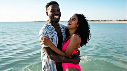 Happy young African American couple laughing and hugging in the ocean. Man and woman enjoying a romantic summer vacation at the beach. Love and togetherness concept - Powered by Adobe