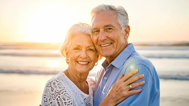 Happy senior couple embracing on the beach at sunset. Portrait of a mature man and woman smiling together. Love, retirement and healthy aging concept - Powered by Adobe