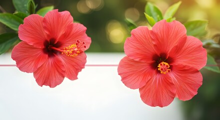 Two vibrant red hibiscus blooms with yellow stamens against a blurred, green background