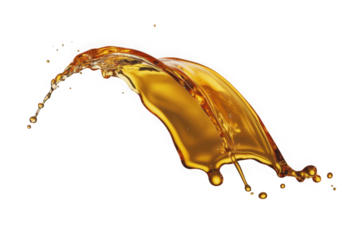 Dynamic golden liquid splash frozen in motion isolated on transparent background.