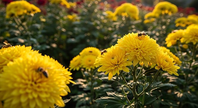Yellow Chrysanthemums in Full Bloom with Bees Collecting Pollen.