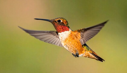 Naklejka premium A hummingbird displays its colorful plumage while hovering mid-air