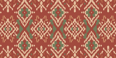 Seamless ethnic tribal textile pattern with geometric motifs in red and green earthy tones, perfect for fabric design and interior decor
