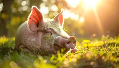 A happy pig rests in sunlit grass with closed eyes, blissful
