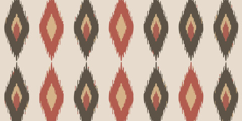 Abstract geometric ikat pattern with diamond shapes in earthy tones of beige, brown, and rust red, perfect for textiles and decor