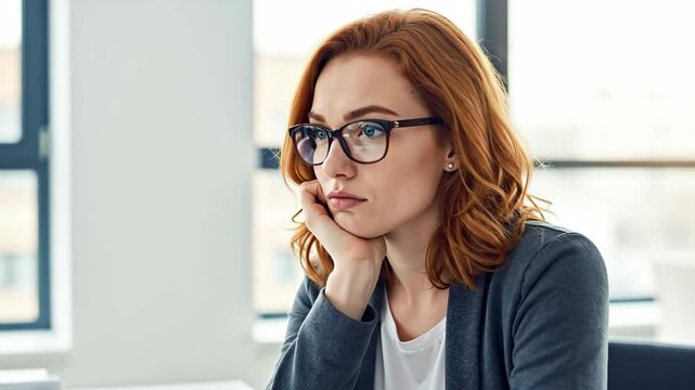 Pensive young businesswoman with red hair and glasses thinking in a modern office. A focused professional female employee contemplating a problem. Business concentration and problem-solving concept