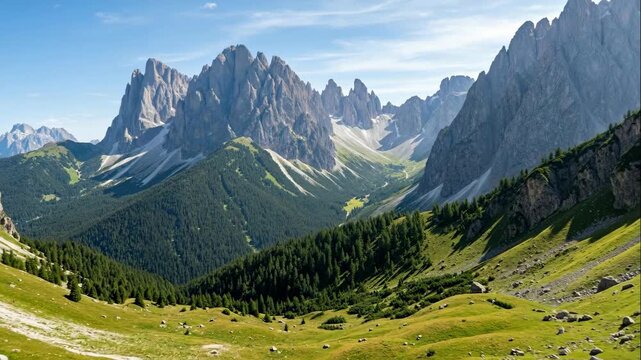 Scenic view of the mountain range. Slow zoom over green alpine valleys and jagged peaks on a sunny day. Summer adventure and travel concept