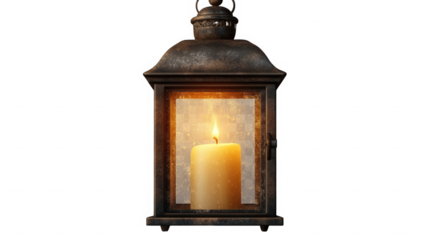 A dimly lit lantern with a burning candle inside creating a warm glow effect on transparent background