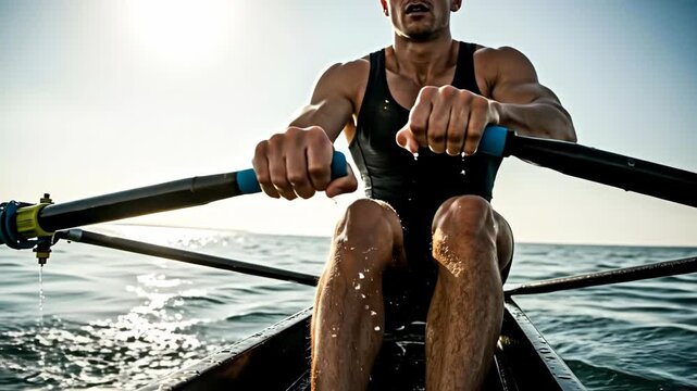 Close-up of a powerful athlete rowing a single scull boat. A muscular man training on the water in slow motion. Strength, determination, and fitness concept