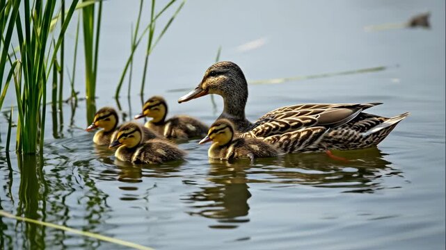 A mother duck swimming with her cute baby ducklings in a pond. A family of mallards floating on the water. Wildlife scene of motherhood and new life in nature
