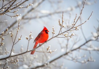 A vibrant red cardinal perched gracefully on a snowcovered branch, its bright plumage contrasting against the soft, muted tones of winter