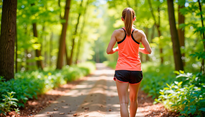 Young woman jogging on dirt path in lush green forest, International Women's Day  