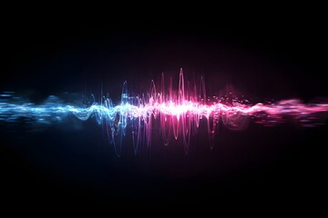 Vibrant abstract soundwave visualization with electric blue and fiery pink energy bursts against a deep black background