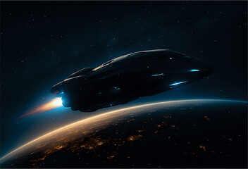 Sci‑fi scene: spaceship entering orbit around planet, city lights visible, stars, cinematic, wide aspect ratio.